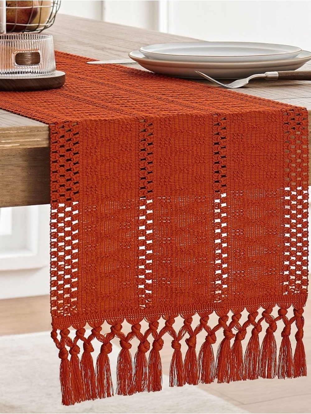 Rust Orange Crochet Tassel Table Runner